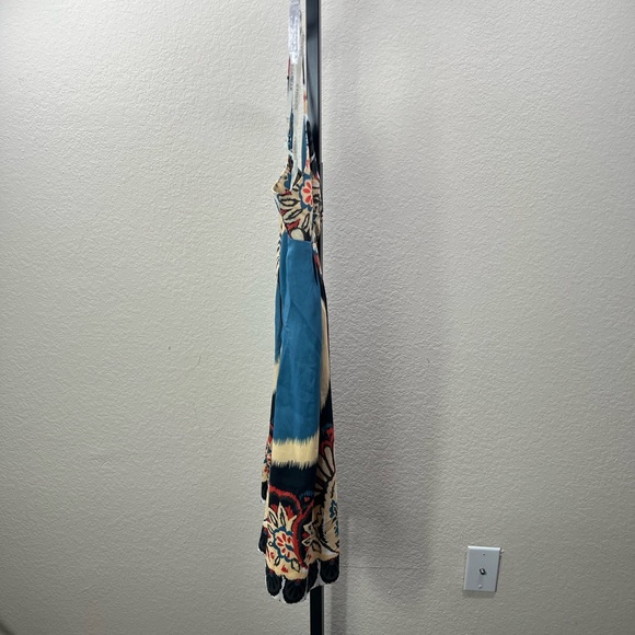 Aztec Floral Print Dress Summer Blue Spaghetti Strap Satin Silk Midi Tribal Gown - Picture 4 of 17